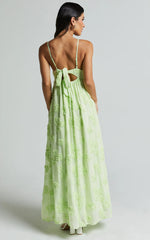 Claya Maxi Dress - Sleeveless Straight Neckline Floral Detail Dress in Lime