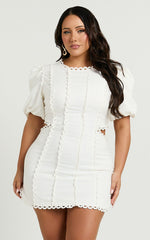 Laila Mini Linen Blend Dress - High Neck Side Cut Out Puff Sleeve Straight Dress in Off White