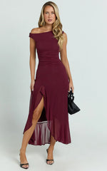 Judee Midi Dress One Shoulder High Side Split Dress in Wine