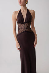 Dinah Lace And Satin Maxi Dress - Chocolate