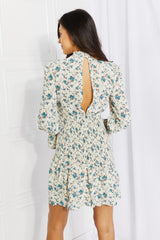 Meadowscape Floral Smocked Mock Neck Mini Dress