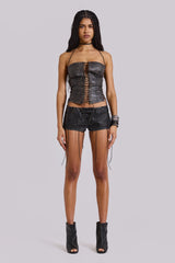 Odile Black Faux Leather Lace Up Corset