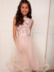 Older Girls Floral Embroidered Midi Dress in Pink