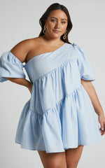 Harleen Mini Dress - Linen Asymmetrical Trim Puff Sleeve Dress in Light Blue