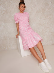 Gingham Midi Day Dress with Shirred Bodice in Pink