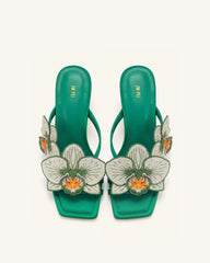 Serena Orchid Embroidered Toe Ring Heeled Sandals - Emerald Green