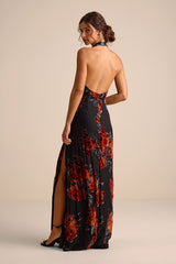 Karima Black Velvet Floral Burnout Halter Maxi Dress