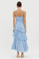 Rose Garden Tiered Ruffle Floral Trim Dress Blue