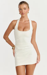 Lucinda Mini Dress - Scoop Neck Ruched Bodycon Dress in White