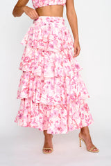 Suenito Tiered Frill Maxi Skirt Floral Pink