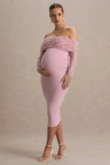 Adita | Blush Pink Mesh Floral Bardot Maternity Midi Dress