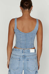 MESHKI Leilani Corset Denim Top - Mid Blue