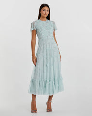 Blue Embellished High Neck Cap Sleeve A Line Dress