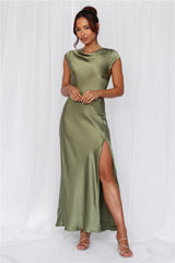 Beacnlady The Valentina Cap Sleeve Satin Maxi Dress Olive
