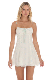 Embroidered Floral Front Tie Dress in White