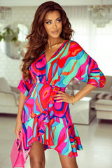 Abstract Printed V Neck Dolman Sleeve Ruffle Wrap Dress