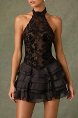 Embellished Ruffled Halterneck Mini Dress in Black