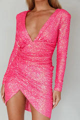 After Dark Long Sleeve Sequin Mini Dress Neon Pink