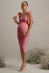 Linnie | Pink Square-Neck Maternity Midi Dress With Bow Straps