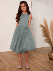 Older Girls Satin Bodice Tulle Midi Dress in Green