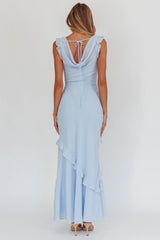 Sangria Cowl Neck Frill Maxi Dress Blue
