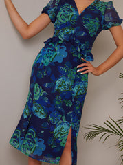 Petite Puff Sleeve Ruffle Detail Floral Midi Dress in Navy