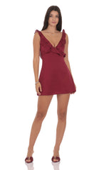 Satin Ruffle V-Neck Dress in Maroon