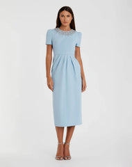 Blue Rhinestone Neckline Dress