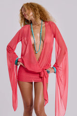 Aria Mesh Plunge Mini Dress in Watermelon