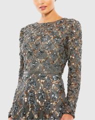 Gray Embellished Illusion High Neck Long Sleeve A Line Gown