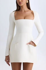 Square-Neck Structured Tulip Mini Dress in Vanilla
