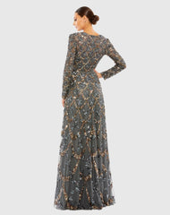 Gray Embellished Illusion High Neck Long Sleeve A Line Gown