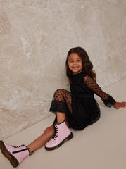 Girls Long Sleeve Polka Dot Mesh Dress in Black