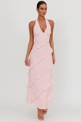 Flirt Frill Trim Halter Maxi Dress Blush