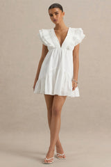 Judie | White Poplin V-Neck Ruffled Mini Dress