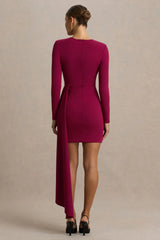 Zaya | Burgundy Long Sleeve Mini Dress With Drape