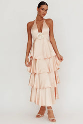 Catalina Tiered Ruffle Rosette Maxi Dress Peach