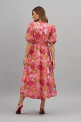 Opulence Midi Dress In Pink Floral Organza Burnout
