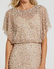 Beige Beaded Mesh Cape Gown