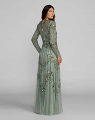 Green Beaded Long Sleeve A Line Gown