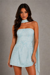 BOLODOO Blue Strapless Sequin Floral Embroidered Mini Dress with Detachable Chiffon Neck Scarf