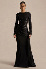 Beau | Black Lace High-Neck Maxi Dress With Draped Detail