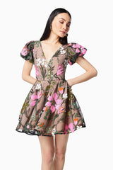 Stellar Floral Sequin Mini Dress In Brown