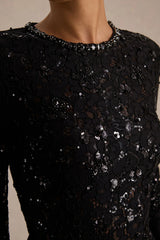Beau | Black Lace High-Neck Maxi Dress With Draped Detail