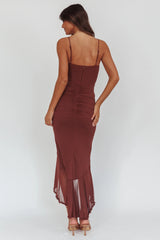 Kamilah Gathered Cascading Ruffle Midi Dress Maroon
