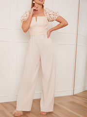 Puff Sleeve Crochet Jumpsuit in Cream
