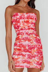 Logan Strapless Ruched Dress Floral Pink/Orange