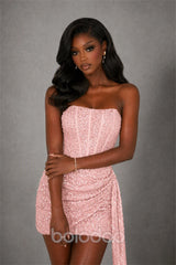BOLODOO Blush Pink Sequin Strapless Corset Mini Dress with Side Draped Tail