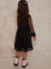 Girls Long Sleeve Polka Dot Mesh Dress in Black