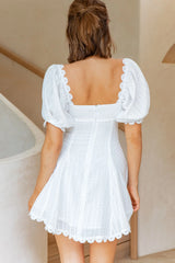 Chablis Gathered Bust Puff Sleeve Textured Mini Dress White